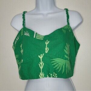 Rachel Zoe green tropical linen blend crop vacation top size medium